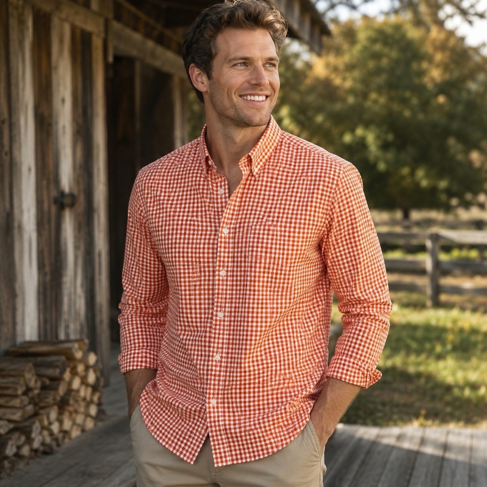 NWT CUTTER & BUCK Mens XXL Orange Plaid Long Sleeve Button Up Shirt Cotton Blend